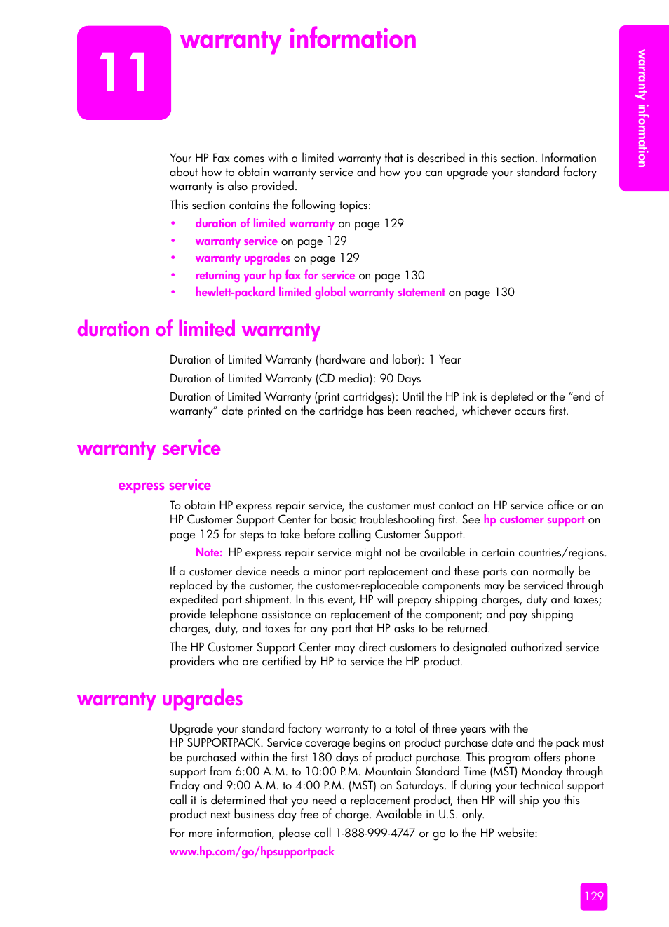 Warranty information, Duration of limited warranty, Warranty service | Express service, Warranty upgrades, 11 warranty information | HP 1240 Series User Manual | Page 139 / 148