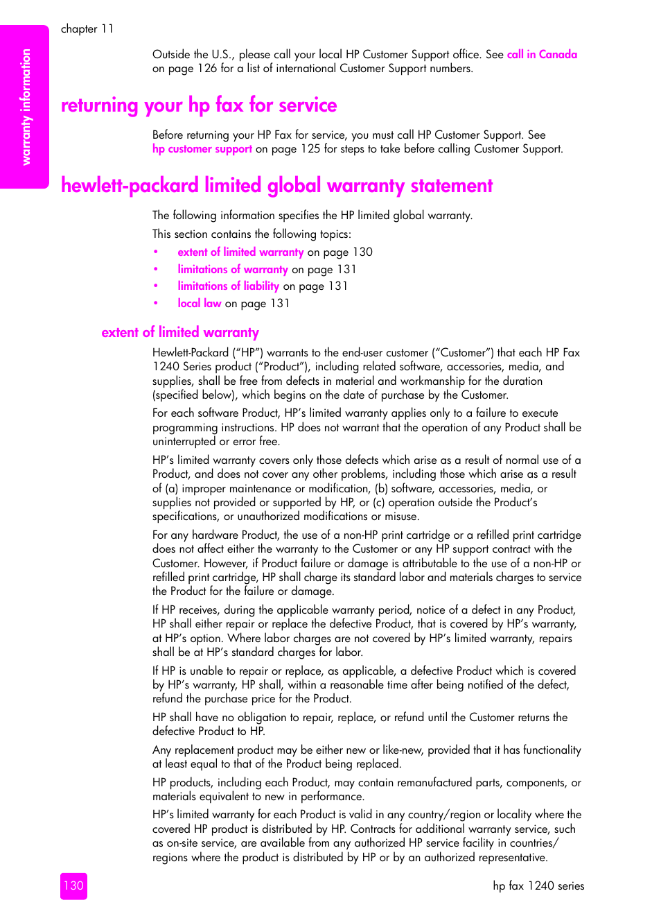 Returning your hp fax for service, Hewlett-packard limited global warranty statement, Extent of limited warranty | HP 1240 Series User Manual | Page 140 / 148