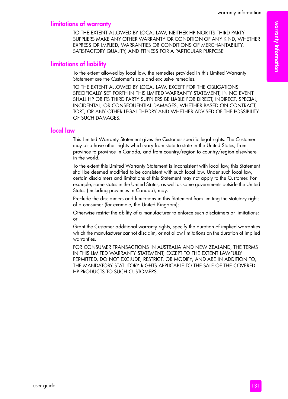 Limitations of warranty, Limitations of liability, Local law | HP 1240 Series User Manual | Page 141 / 148