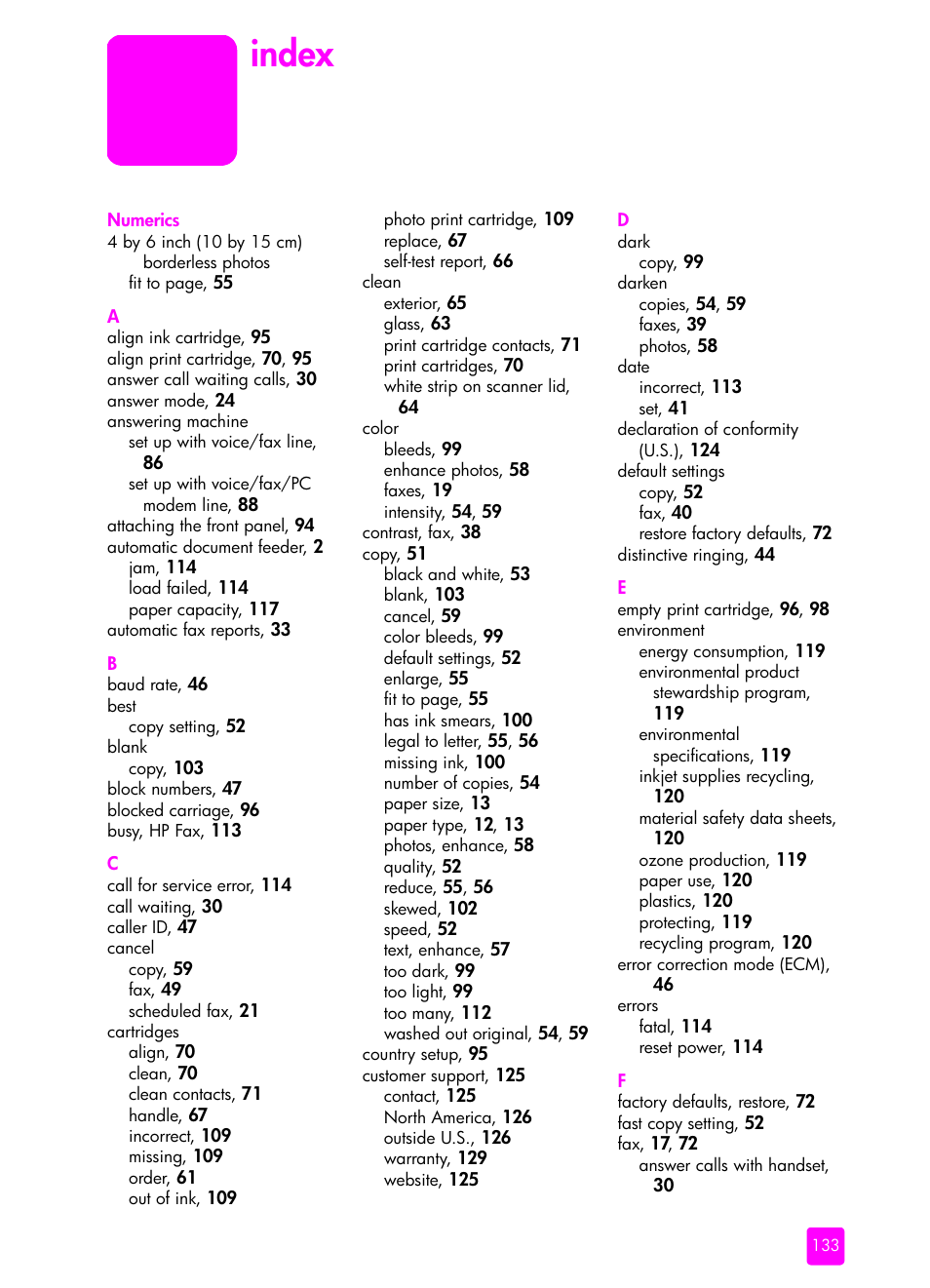 Index | HP 1240 Series User Manual | Page 143 / 148