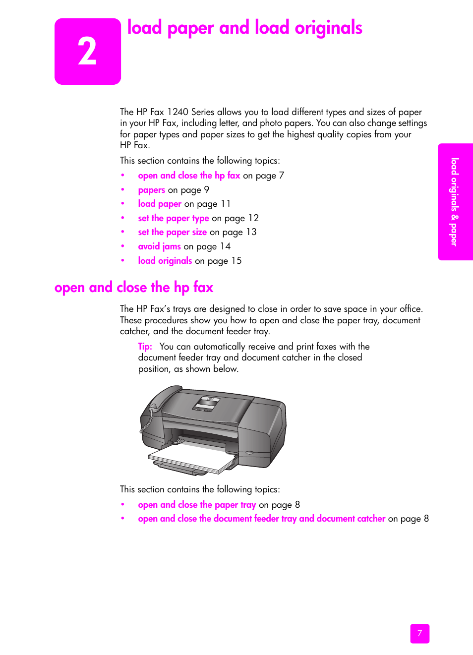 Load paper and load originals, Open and close the hp fax, 2 load paper and load originals | HP 1240 Series User Manual | Page 17 / 148