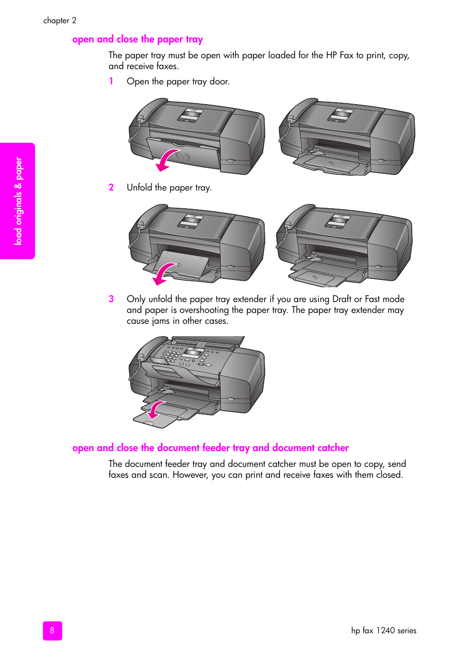 Open and close the paper tray | HP 1240 Series User Manual | Page 18 / 148