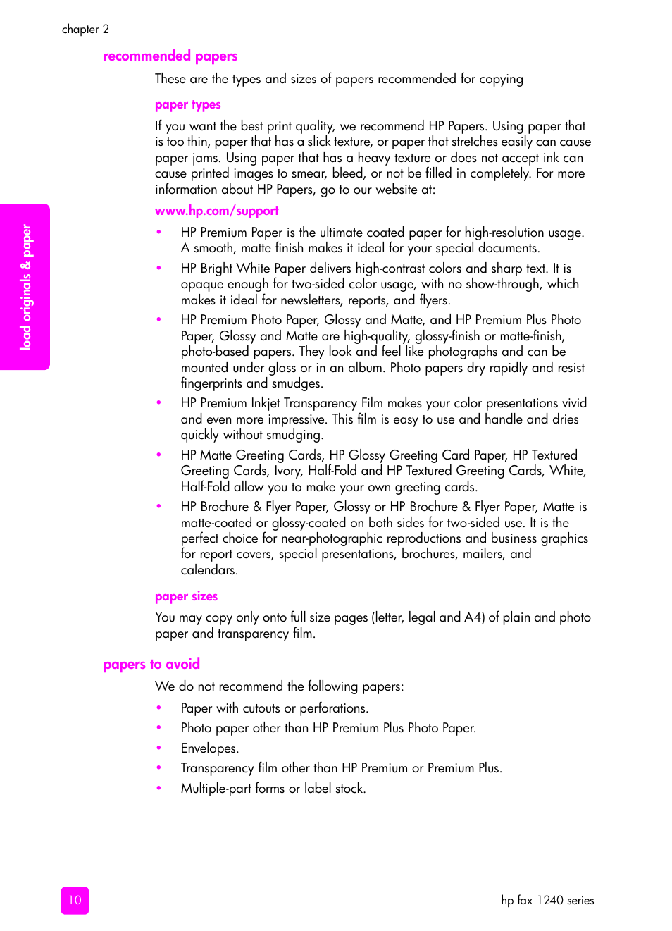 Recommended papers, Papers to avoid, Recommended papers papers to avoid | HP 1240 Series User Manual | Page 20 / 148