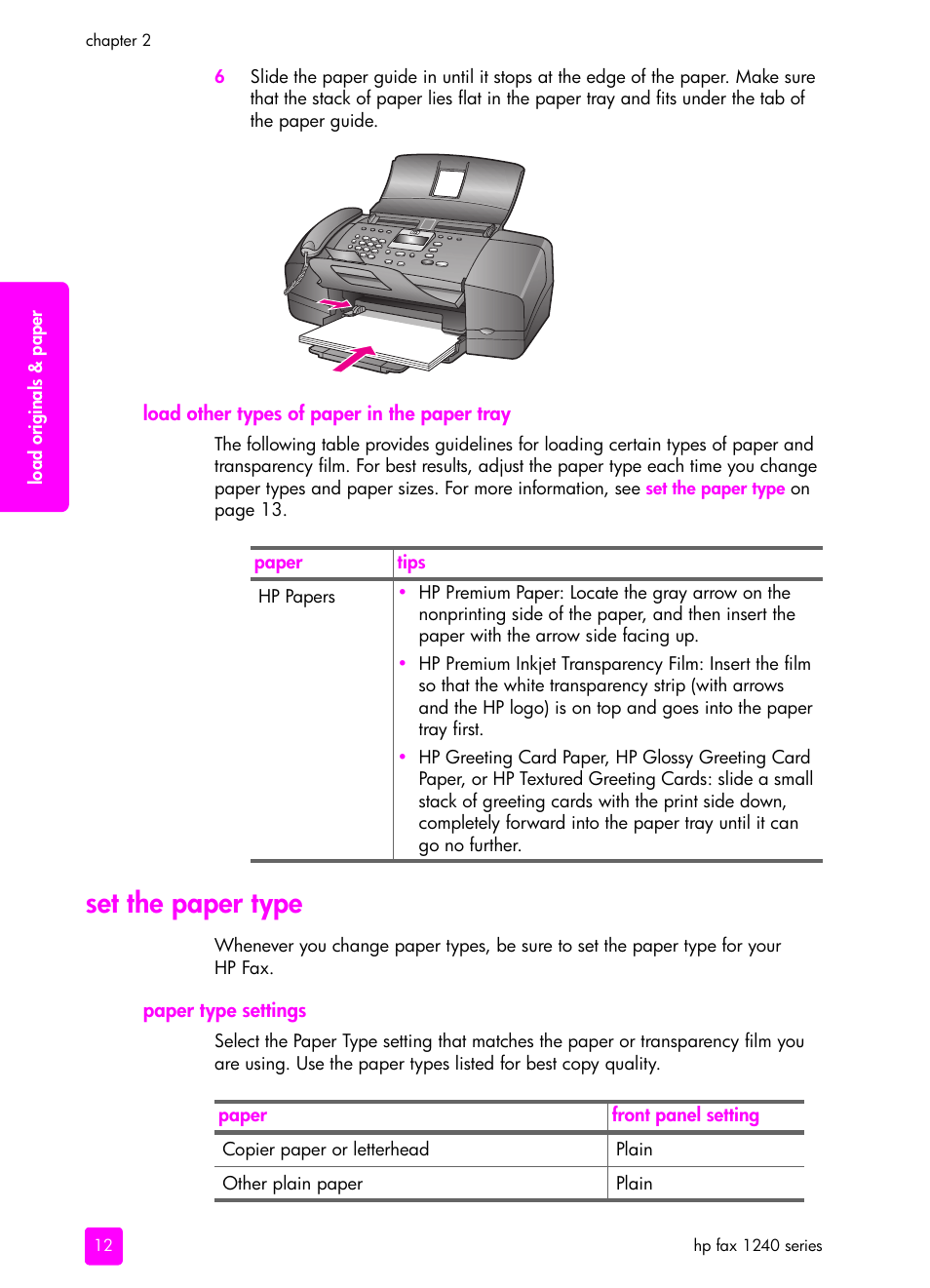 Load other types of paper in the paper tray, Set the paper type, Paper type settings | Load other types of paper in the, Paper tray | HP 1240 Series User Manual | Page 22 / 148