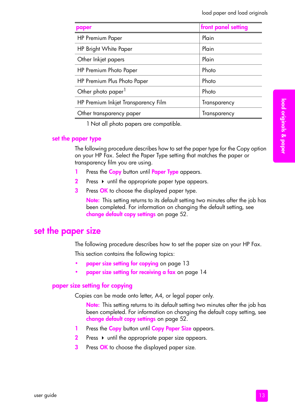 Set the paper type, Set the paper size, Paper size setting for copying | HP 1240 Series User Manual | Page 23 / 148