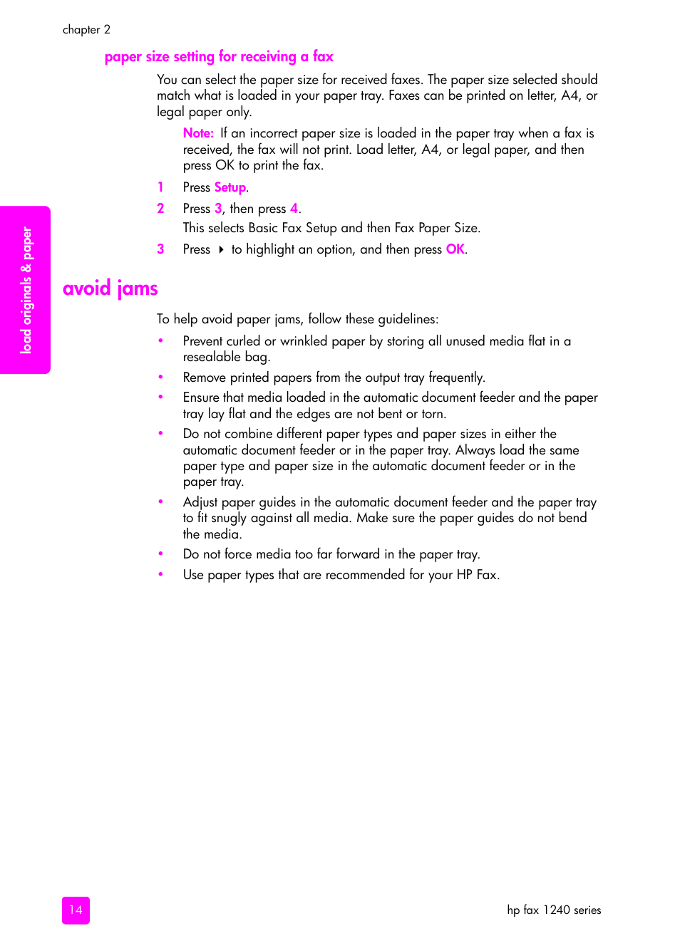 Paper size setting for receiving a fax, Avoid jams | HP 1240 Series User Manual | Page 24 / 148