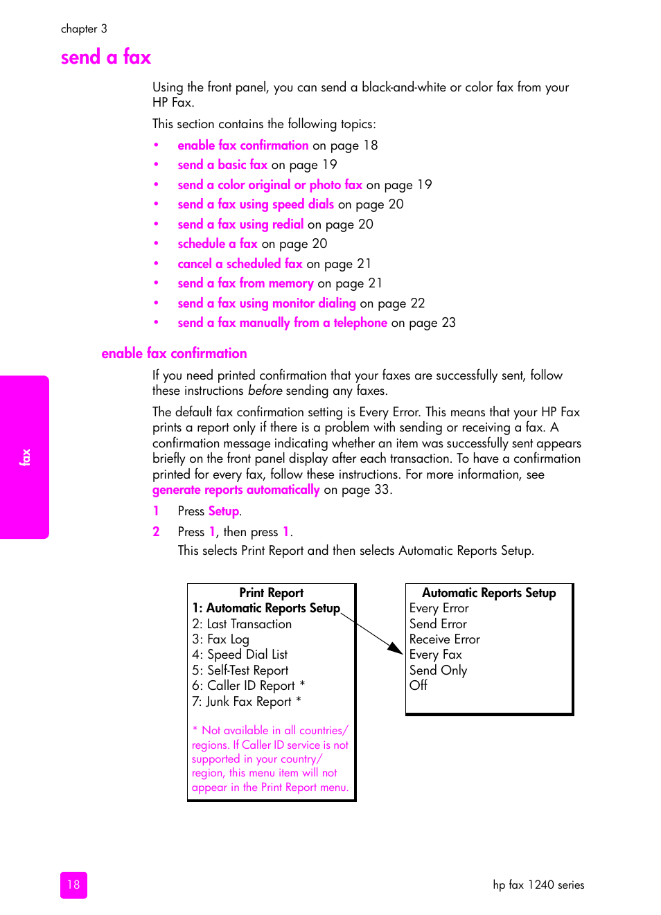 Send a fax, Enable fax confirmation | HP 1240 Series User Manual | Page 28 / 148