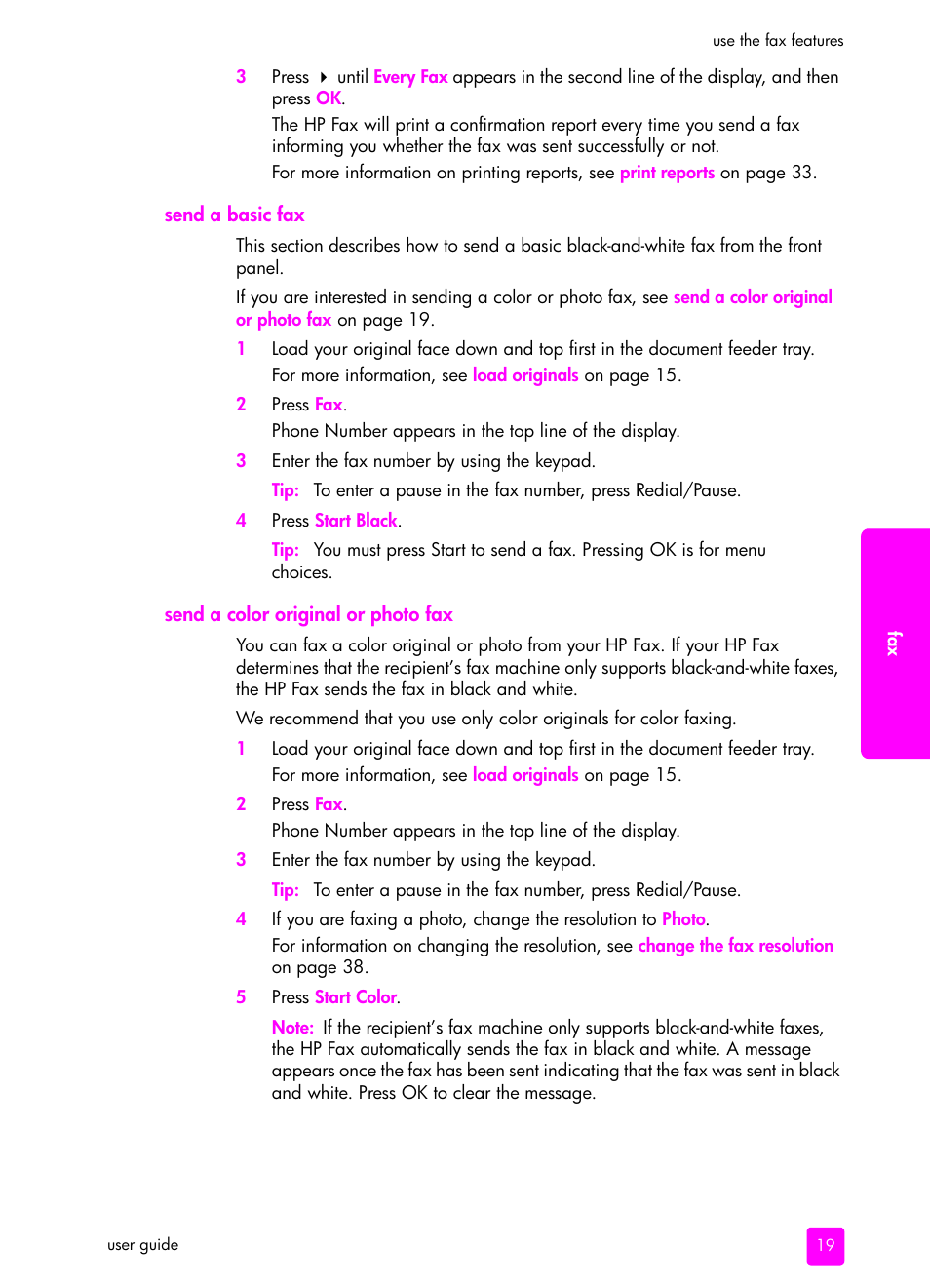 Send a basic fax, Send a color original or photo fax | HP 1240 Series User Manual | Page 29 / 148