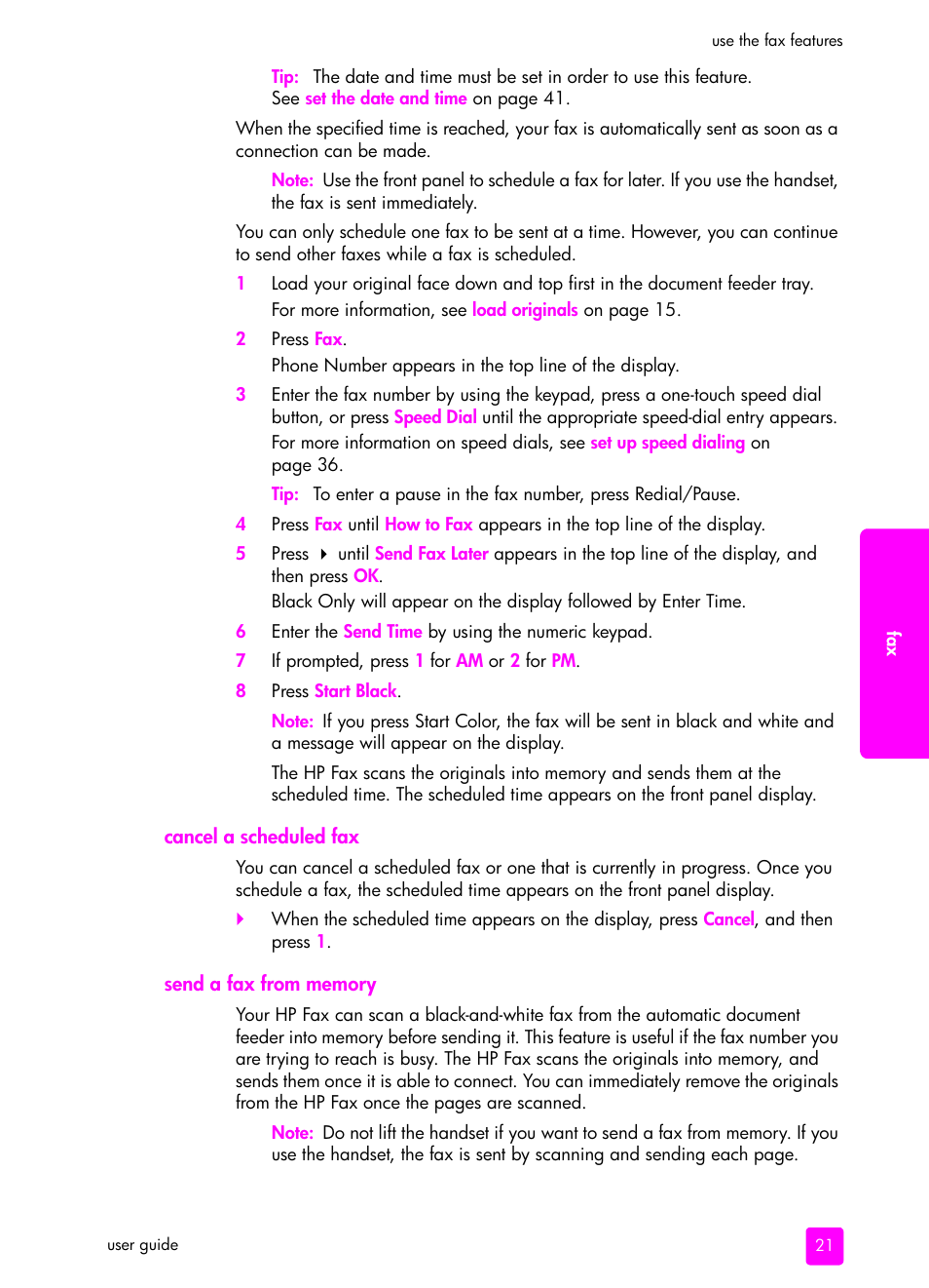 Cancel a scheduled fax, Send a fax from memory, Cancel a scheduled fax send a fax from memory | HP 1240 Series User Manual | Page 31 / 148