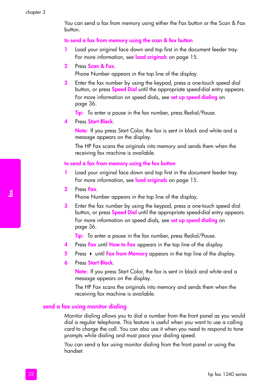 Send a fax using monitor dialing | HP 1240 Series User Manual | Page 32 / 148