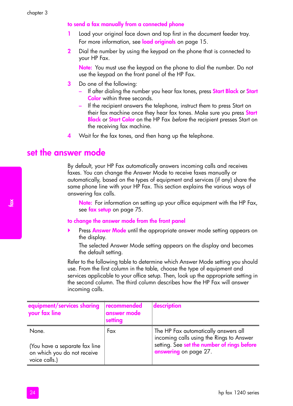 Set the answer mode | HP 1240 Series User Manual | Page 34 / 148