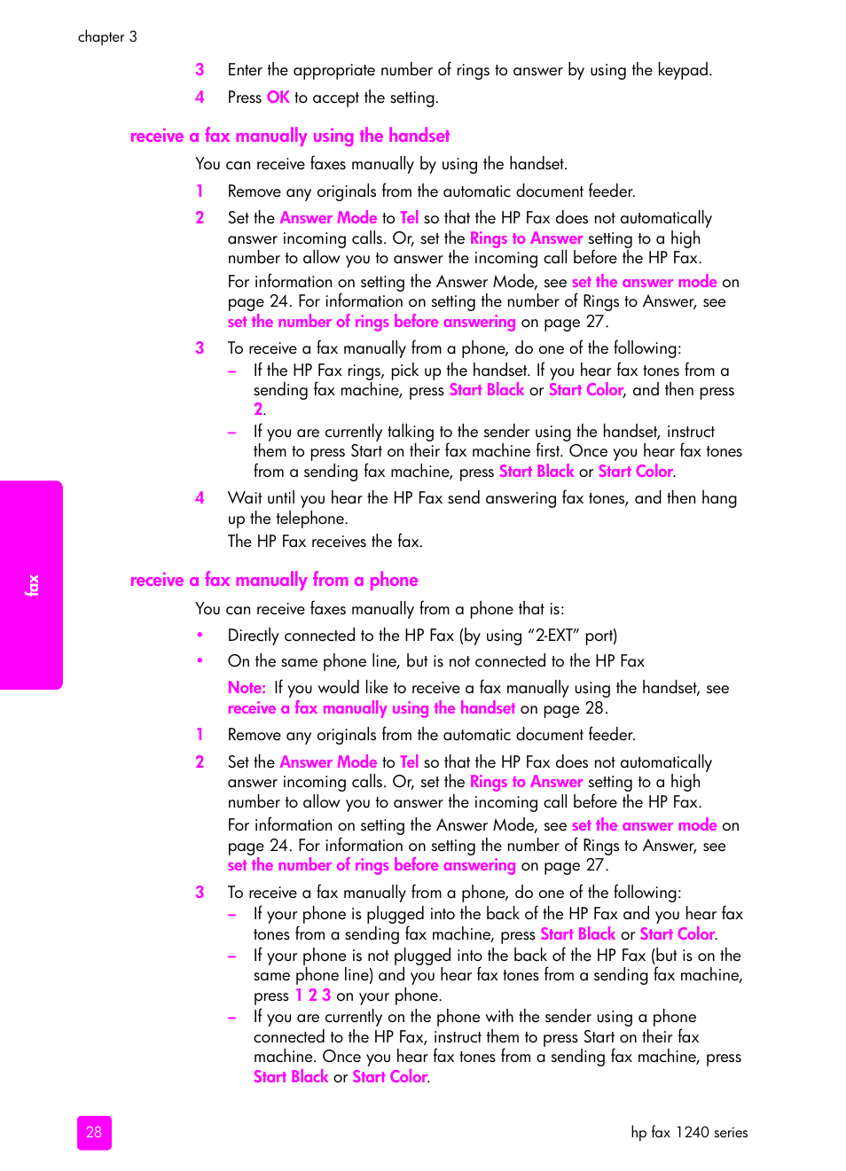 Receive a fax manually using the handset, Receive a fax manually from a phone | HP 1240 Series User Manual | Page 38 / 148