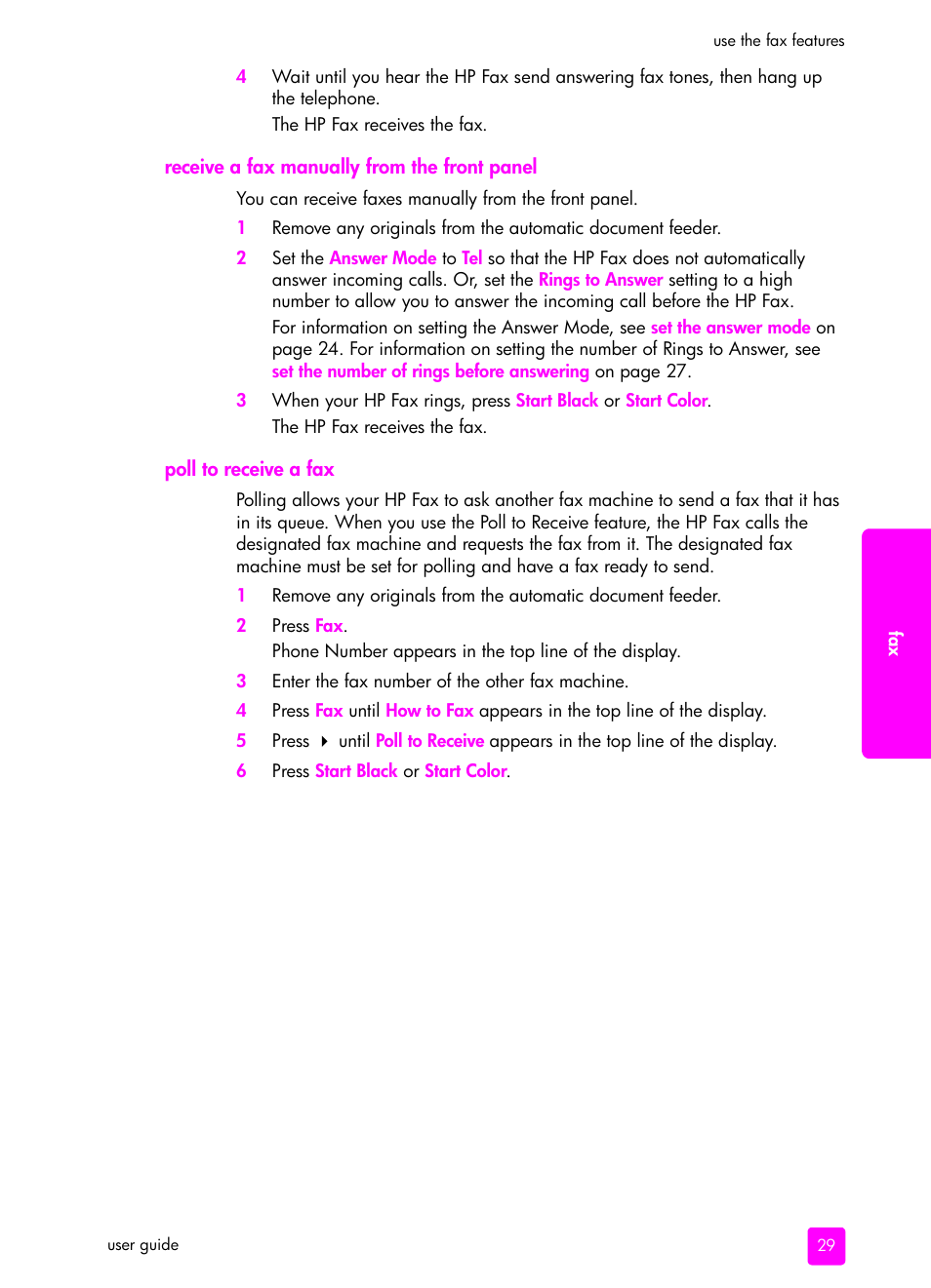 Receive a fax manually from the front panel, Poll to receive a fax | HP 1240 Series User Manual | Page 39 / 148