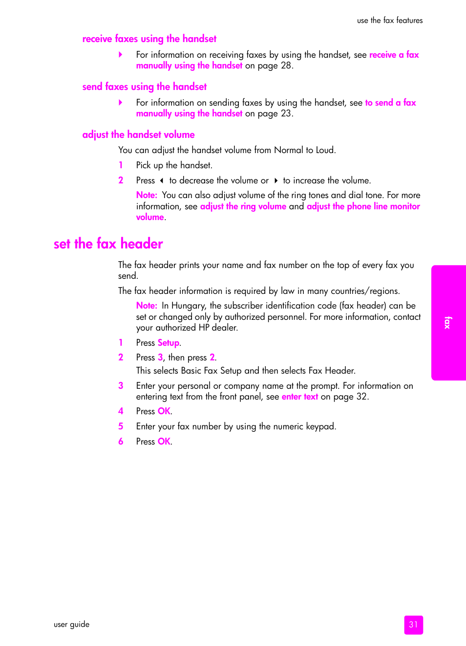 Receive faxes using the handset, Send faxes using the handset, Adjust the handset volume | Set the fax header | HP 1240 Series User Manual | Page 41 / 148
