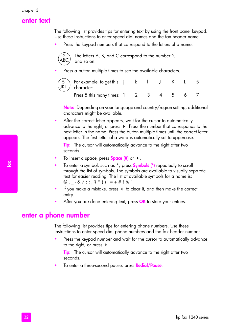 Enter text, Enter a phone number, Enter text enter a phone number | HP 1240 Series User Manual | Page 42 / 148