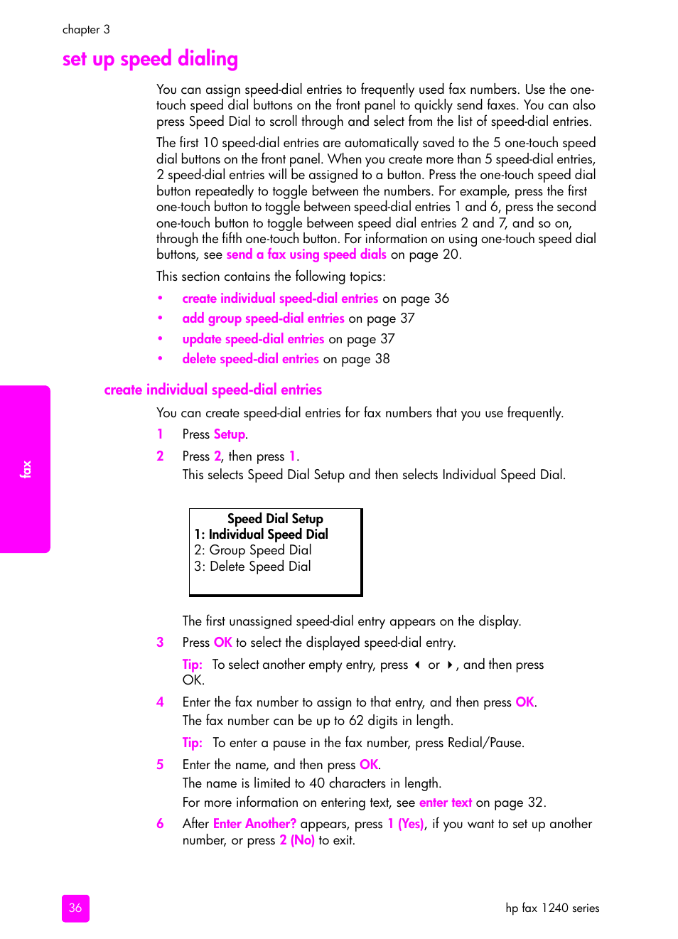 Set up speed dialing, Create individual speed-dial entries | HP 1240 Series User Manual | Page 46 / 148