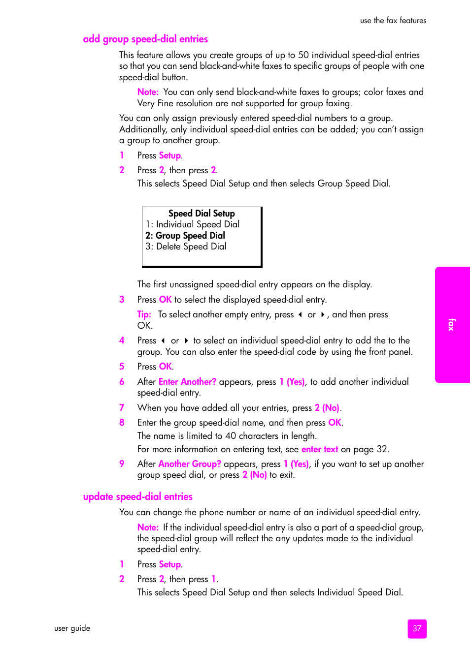 Add group speed-dial entries, Update speed-dial entries | HP 1240 Series User Manual | Page 47 / 148