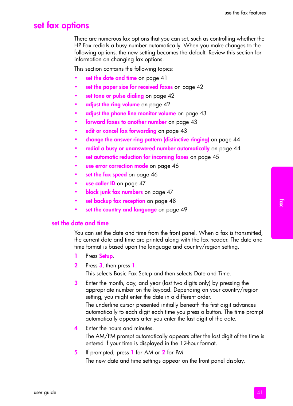Set fax options, Set the date and time | HP 1240 Series User Manual | Page 51 / 148