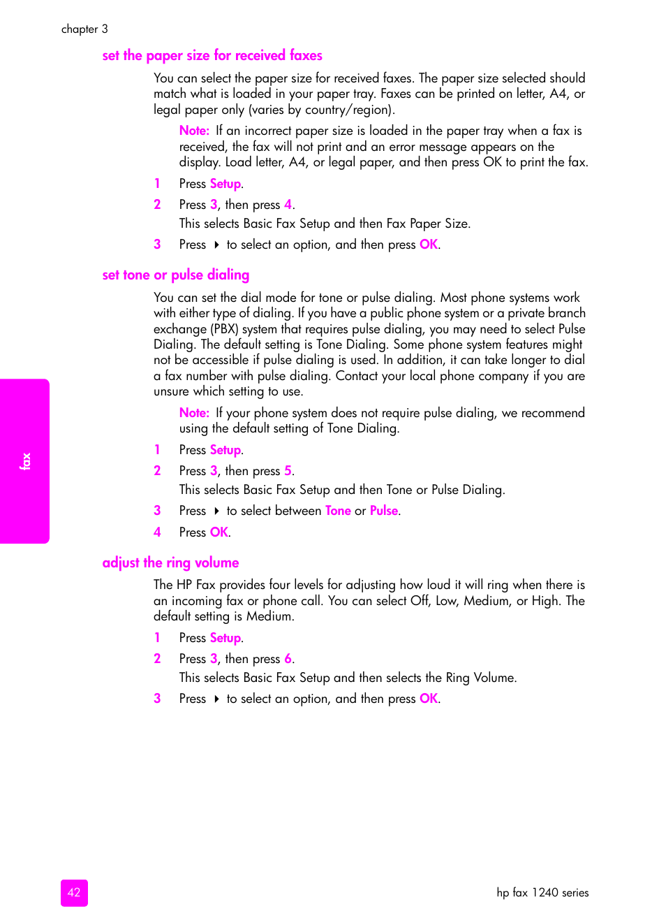 Set the paper size for received faxes, Set tone or pulse dialing, Adjust the ring volume | HP 1240 Series User Manual | Page 52 / 148