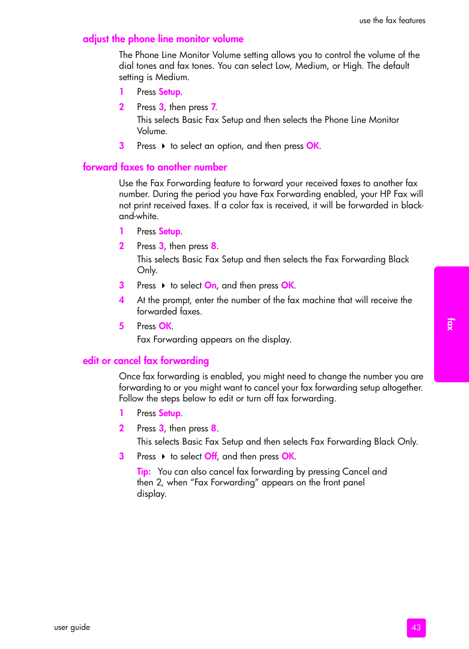 Adjust the phone line monitor volume, Forward faxes to another number, Edit or cancel fax forwarding | Adjust the phone line monitor, Volume | HP 1240 Series User Manual | Page 53 / 148