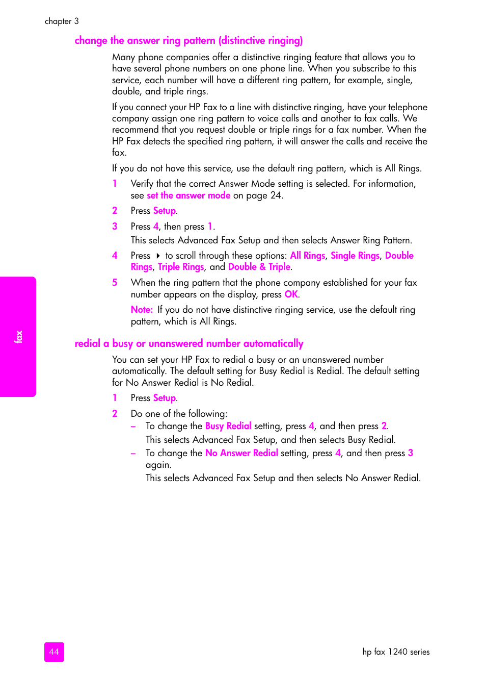 Redial a busy or unanswered number automatically, Change the answer, Ring pattern (distinctive ringing) | HP 1240 Series User Manual | Page 54 / 148