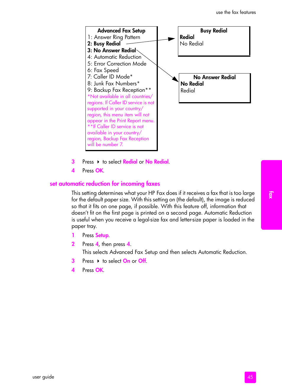 Set automatic reduction for incoming faxes | HP 1240 Series User Manual | Page 55 / 148