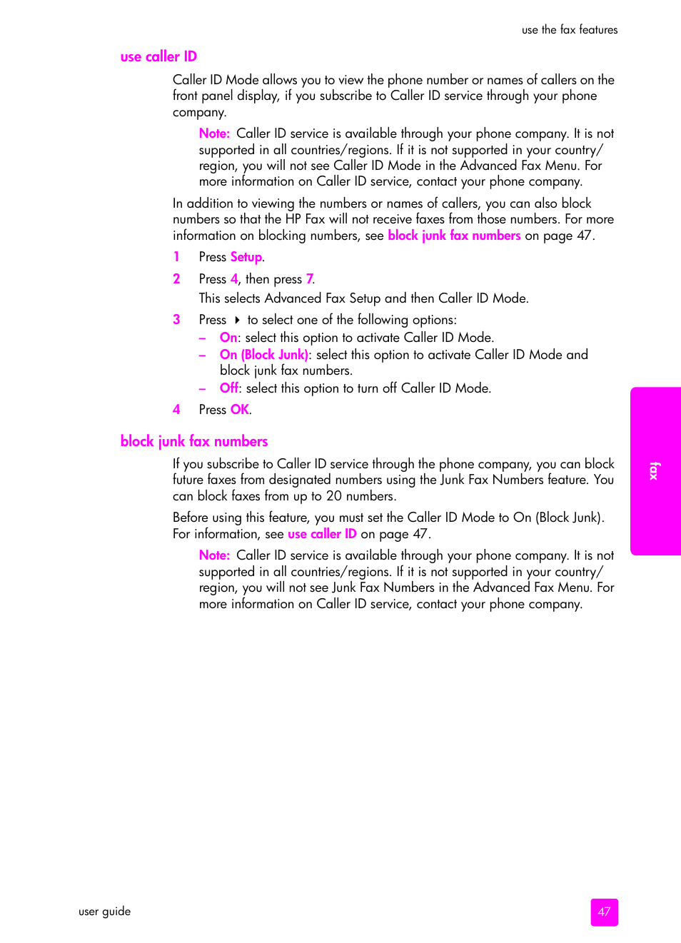 Use caller id, Block junk fax numbers, Use caller id block junk fax numbers | HP 1240 Series User Manual | Page 57 / 148