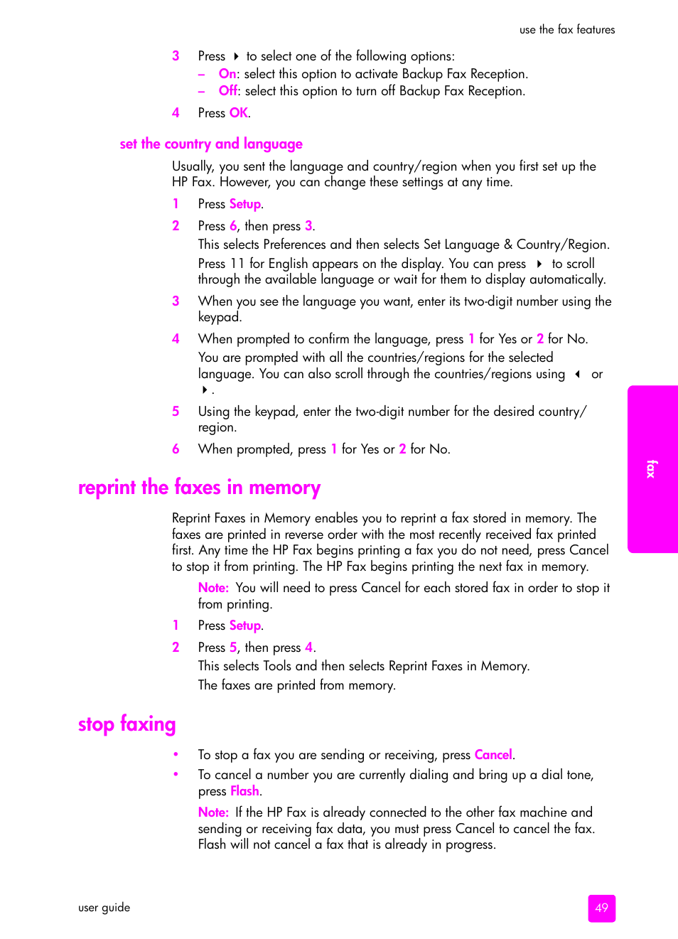 Set the country and language, Reprint the faxes in memory, Stop faxing | Reprint the faxes in memory stop faxing | HP 1240 Series User Manual | Page 59 / 148