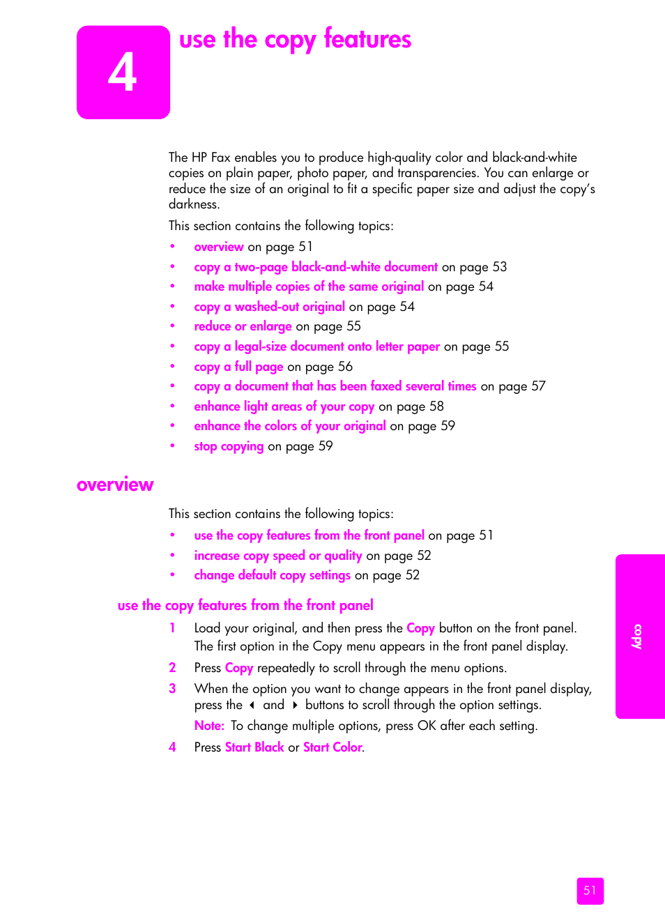 Use the copy features, Overview, Use the copy features from the front panel | 4 use the copy features | HP 1240 Series User Manual | Page 61 / 148