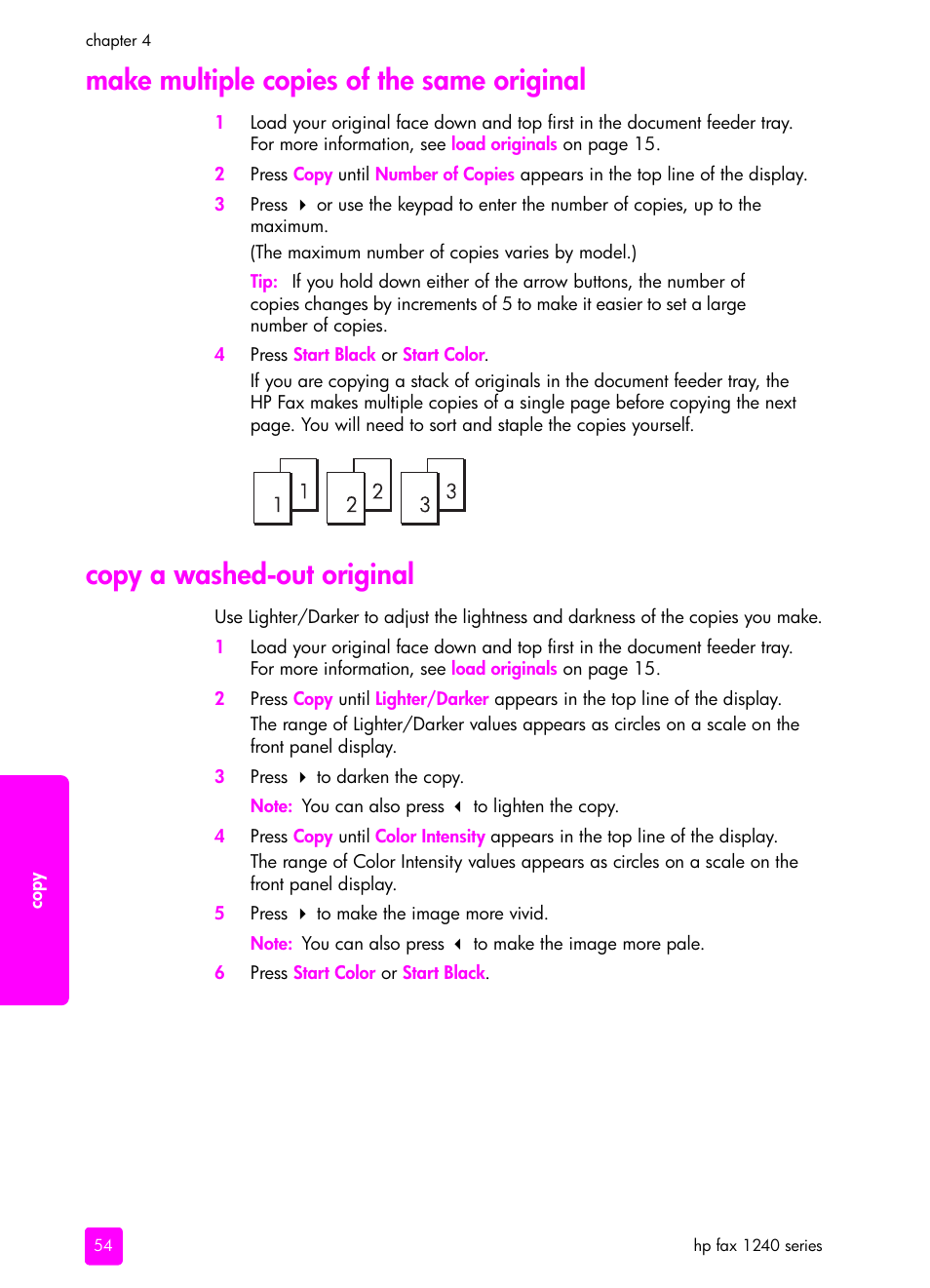 Make multiple copies of the same original, Copy a washed-out original | HP 1240 Series User Manual | Page 64 / 148