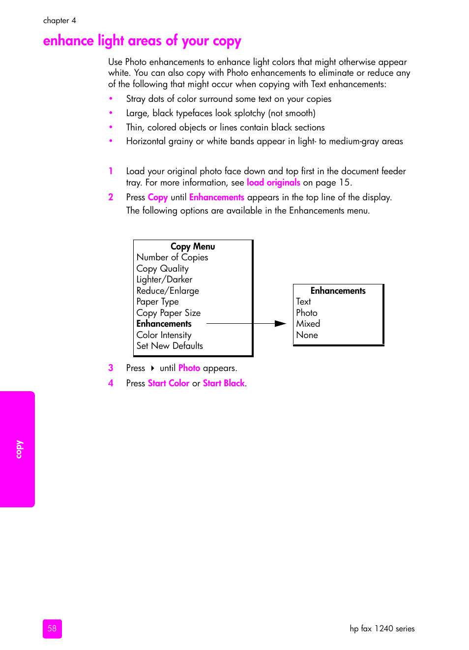 Enhance light areas of your copy | HP 1240 Series User Manual | Page 68 / 148