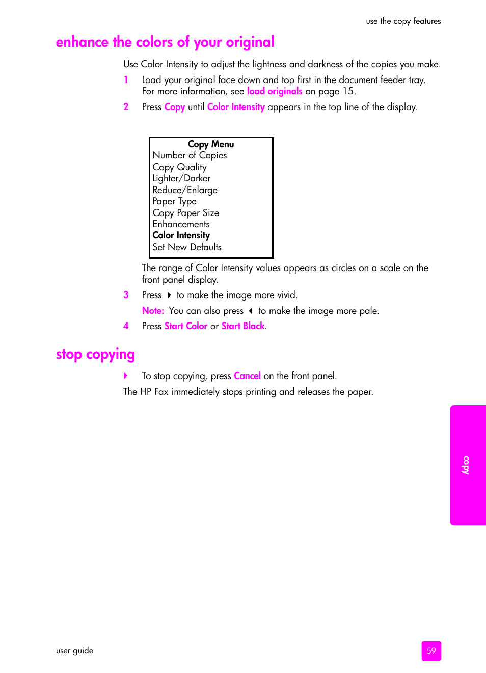 Enhance the colors of your original, Stop copying, Enhance the colors of your original stop copying | HP 1240 Series User Manual | Page 69 / 148