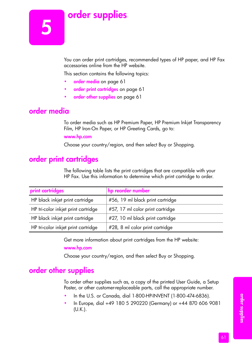 Order supplies, Order media, Order print cartridges | Order other supplies, 5 order supplies | HP 1240 Series User Manual | Page 71 / 148