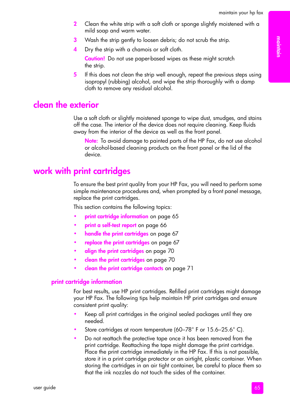 Clean the exterior, Work with print cartridges, Print cartridge information | Clean the exterior work with print cartridges | HP 1240 Series User Manual | Page 75 / 148