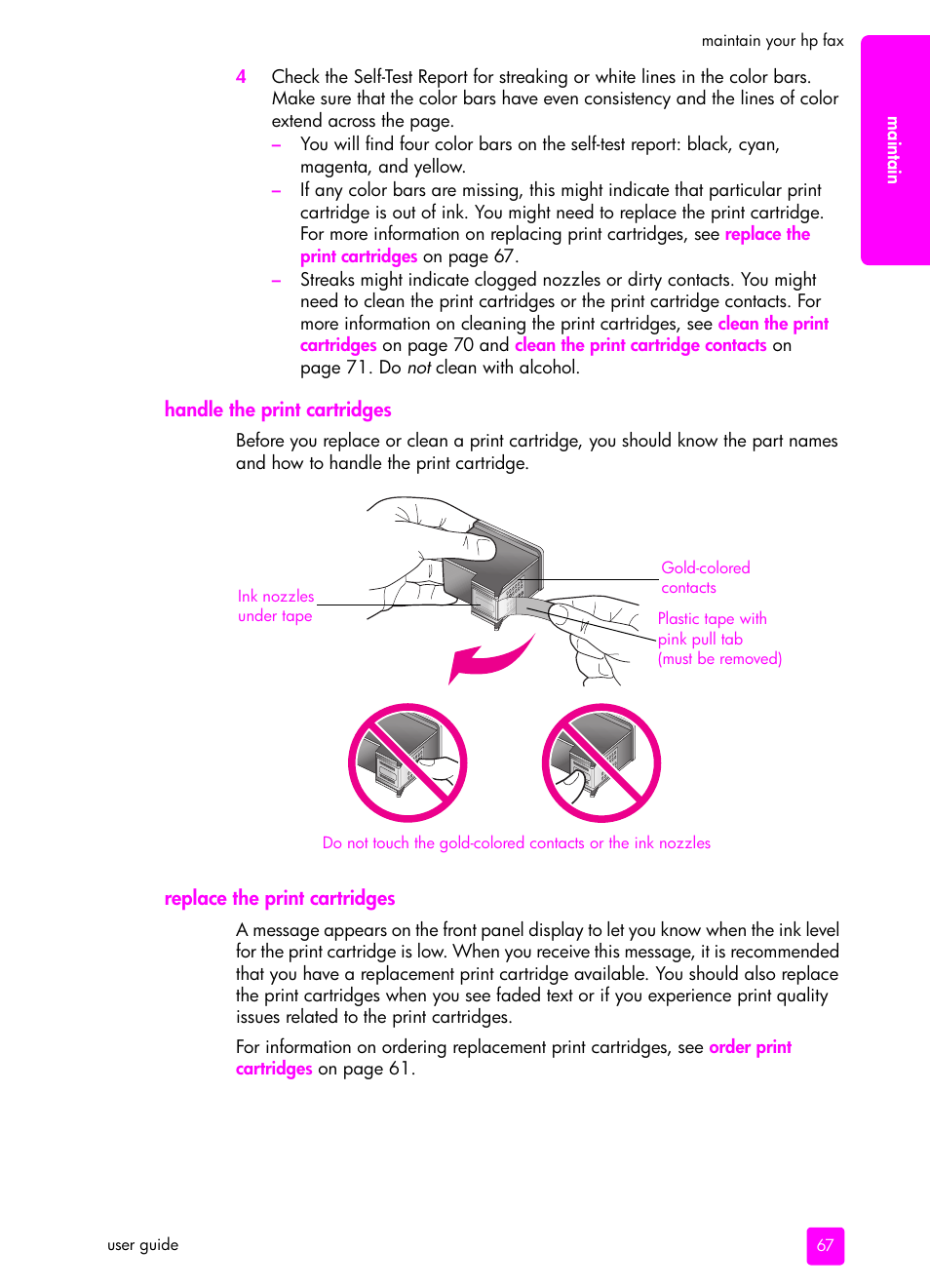 Handle the print cartridges, Replace the print cartridges | HP 1240 Series User Manual | Page 77 / 148