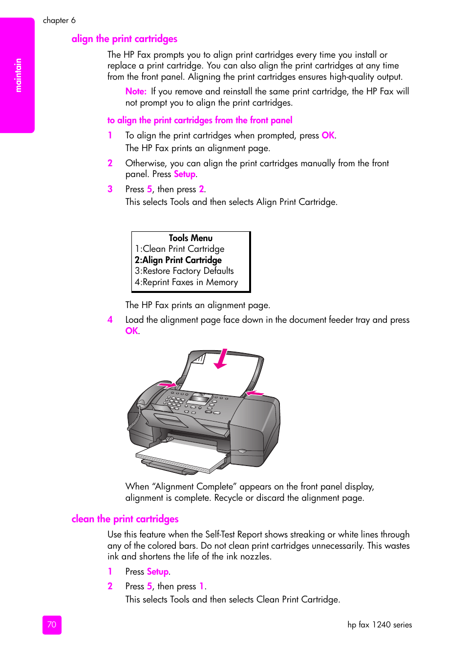 Align the print cartridges, Clean the print cartridges, Clean the print | Cartridges, Align the print | HP 1240 Series User Manual | Page 80 / 148