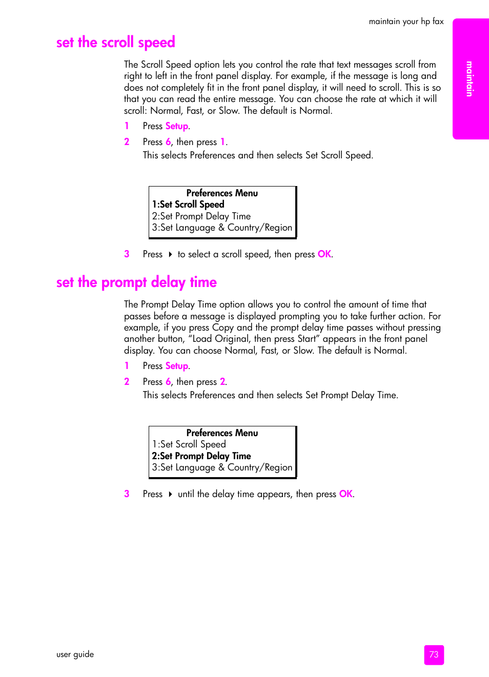 Set the scroll speed, Set the prompt delay time, Set the scroll speed set the prompt delay time | HP 1240 Series User Manual | Page 83 / 148