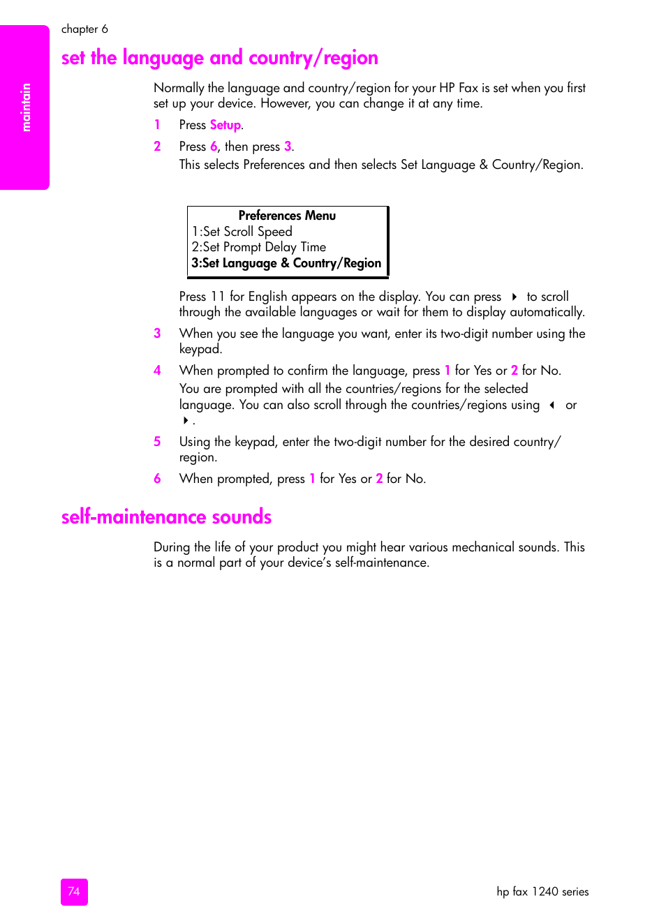 Set the language and country/region, Self-maintenance sounds | HP 1240 Series User Manual | Page 84 / 148