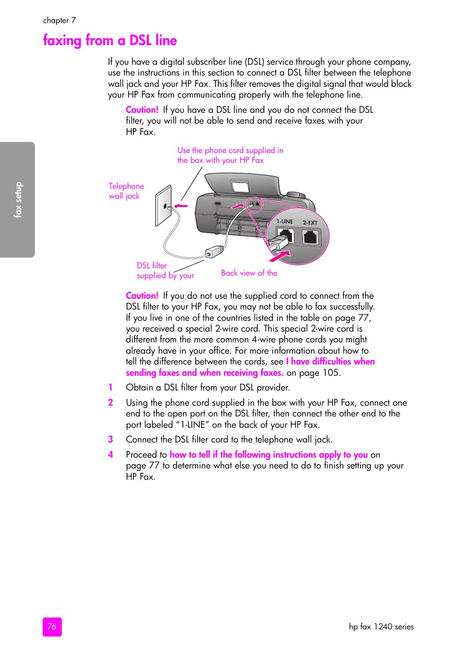 Faxing from a dsl line | HP 1240 Series User Manual | Page 86 / 148