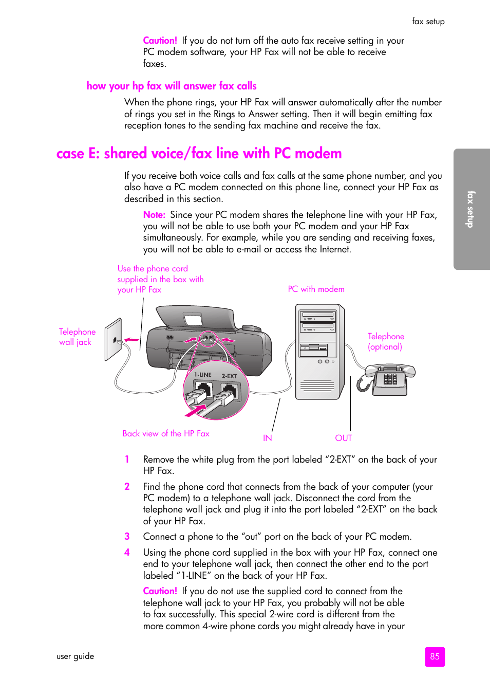How your hp fax will answer fax calls, Case e: shared voice/fax line with pc modem | HP 1240 Series User Manual | Page 95 / 148