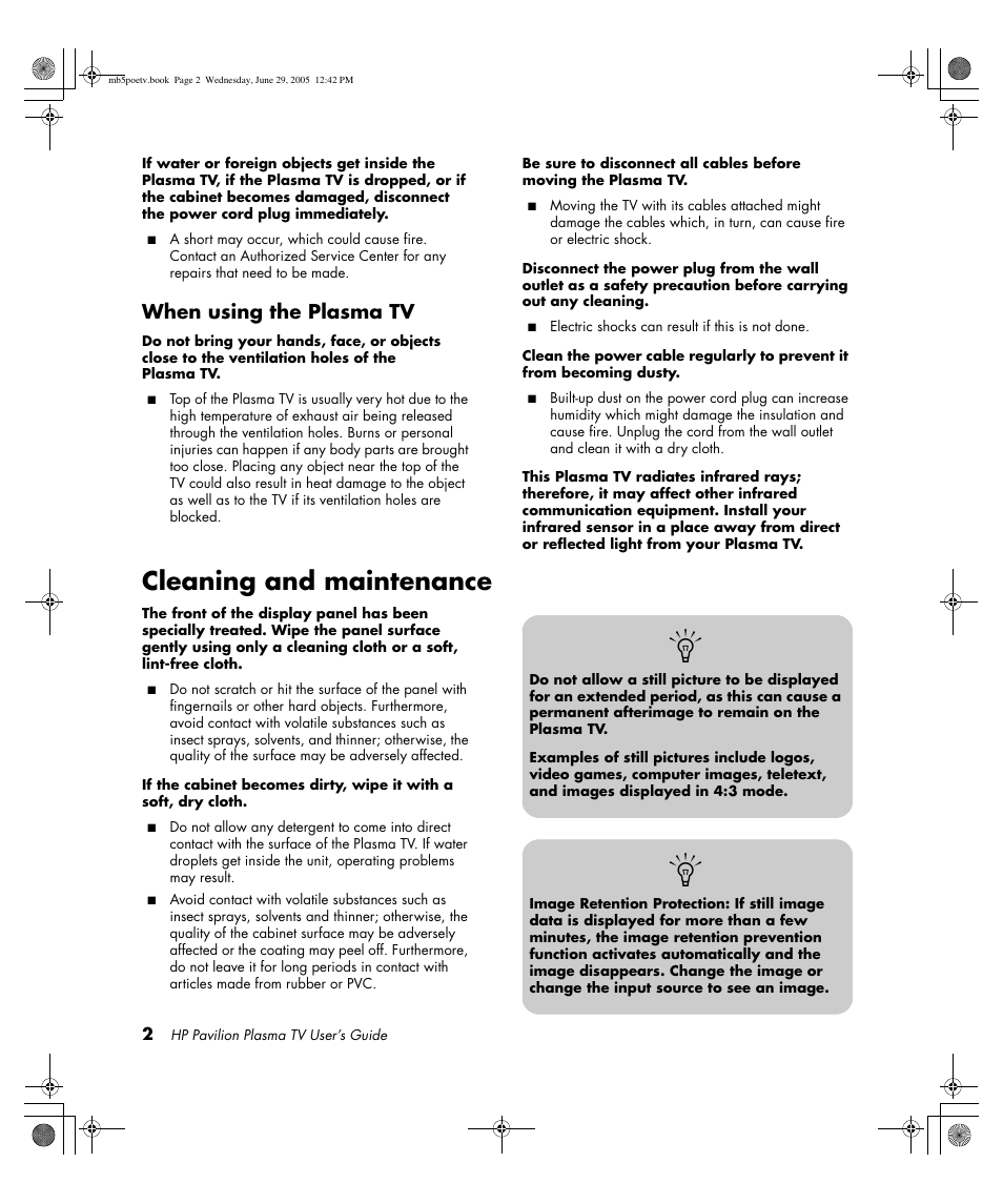 Cleaning and maintenance, When using the plasma tv | HP Pavilion PE4200N User Manual | Page 10 / 242