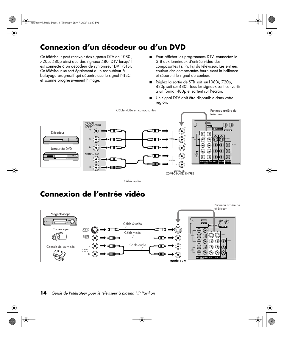 Connexion d’un décodeur ou d’un dvd, Connexion de l’entrée vidéo | HP Pavilion PE4200N User Manual | Page 100 / 242