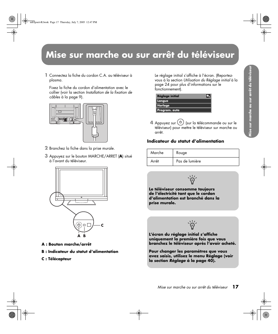 Mise sur marche ou sur arrêt du téléviseur | HP Pavilion PE4200N User Manual | Page 103 / 242