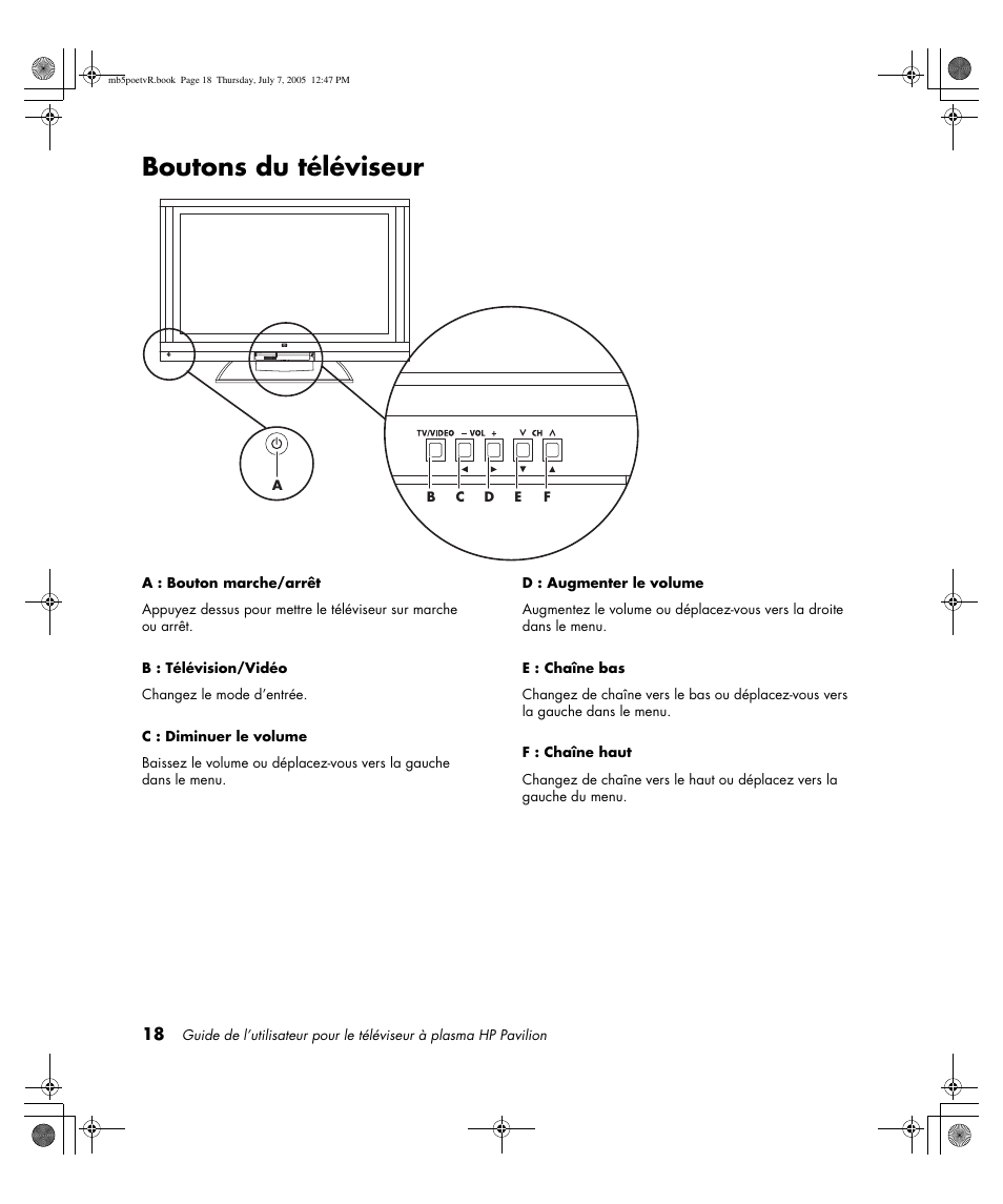 Boutons du téléviseur | HP Pavilion PE4200N User Manual | Page 104 / 242