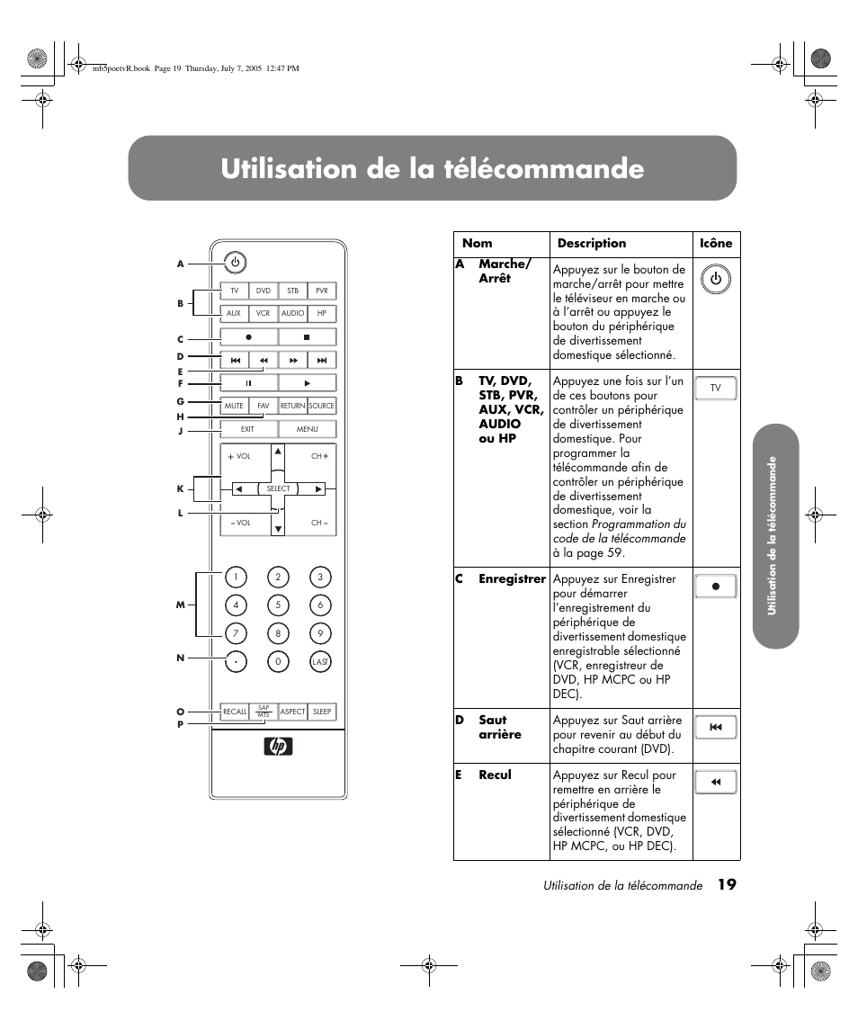 Utilisation de la télécommande | HP Pavilion PE4200N User Manual | Page 105 / 242
