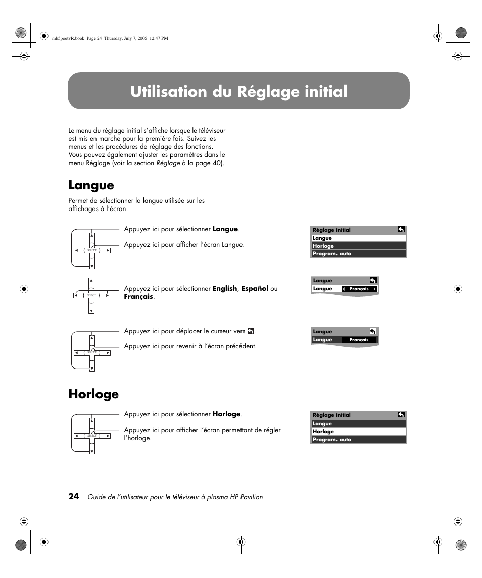 Utilisation du réglage initial, Langue, Horloge | HP Pavilion PE4200N User Manual | Page 110 / 242