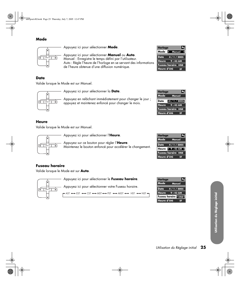 Mode date, Heure, Fuseau horaire | HP Pavilion PE4200N User Manual | Page 111 / 242