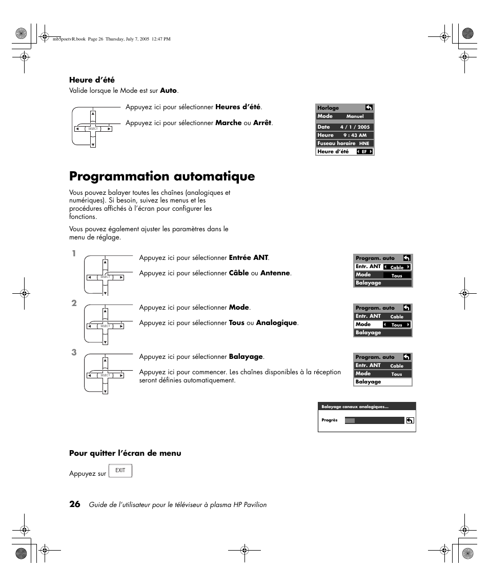 Programmation automatique, Heure d’été, Pour quitter l’écran de menu | HP Pavilion PE4200N User Manual | Page 112 / 242