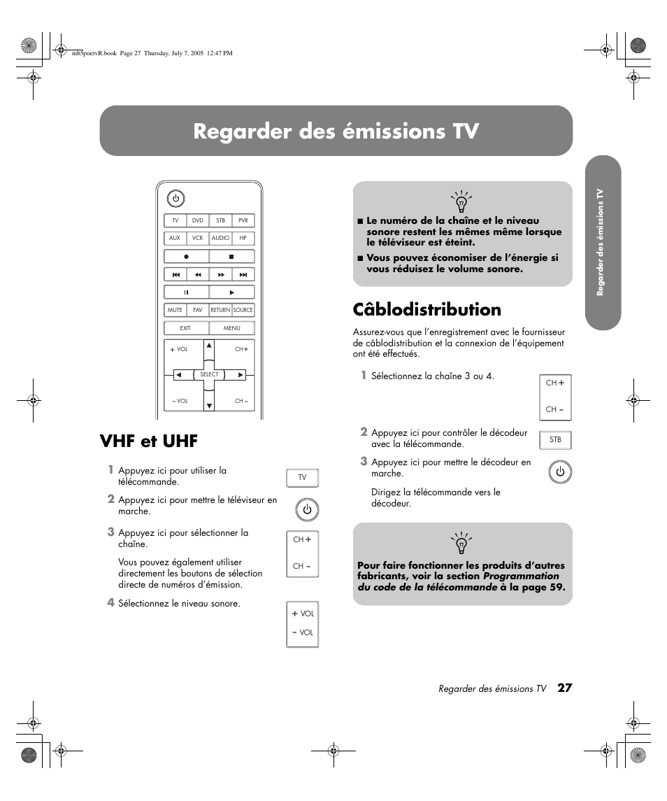 Regarder des émissions tv, Vhf et uhf, Câblodistribution | HP Pavilion PE4200N User Manual | Page 113 / 242