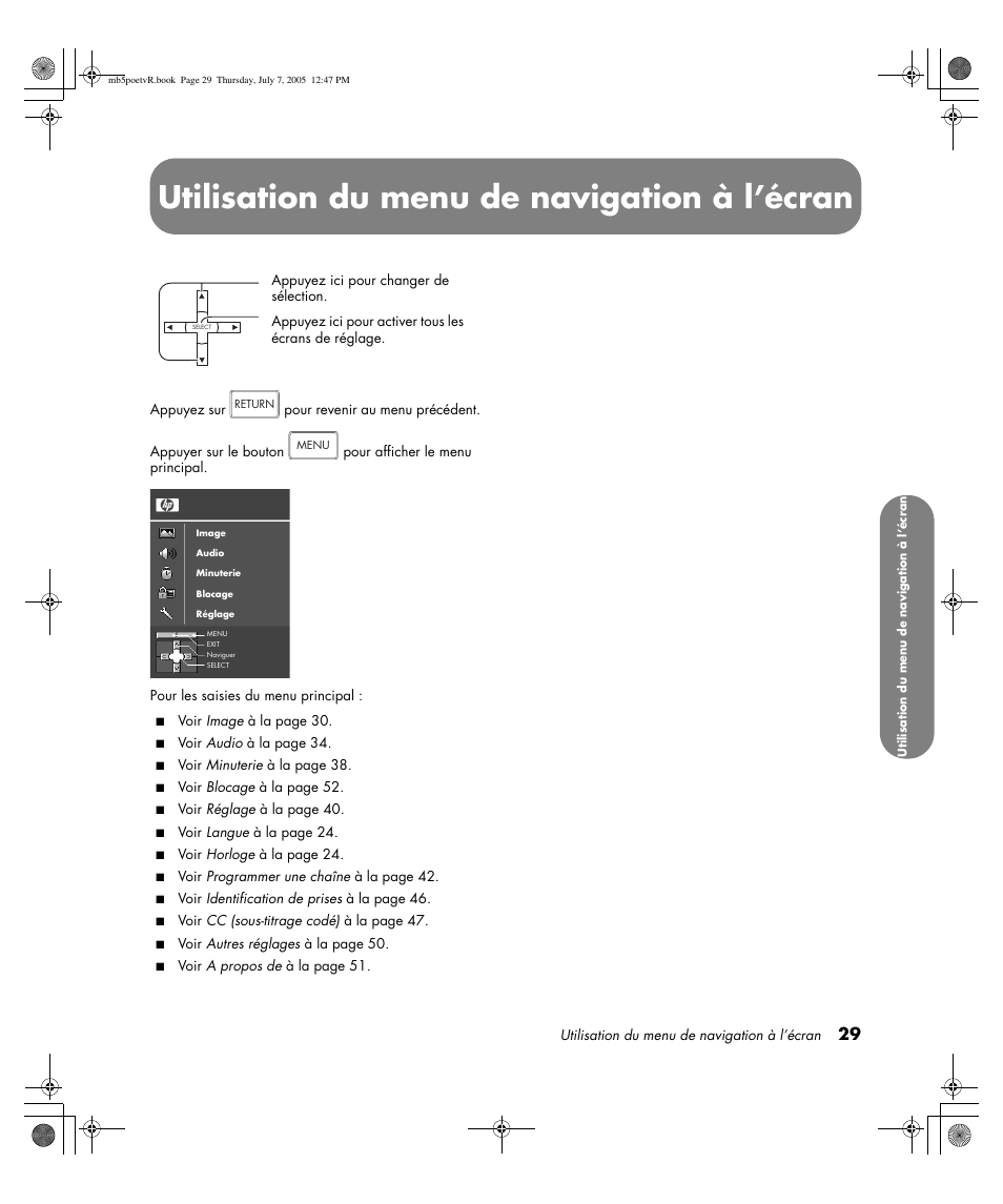 Utilisation du menu de navigation à l’écran | HP Pavilion PE4200N User Manual | Page 115 / 242